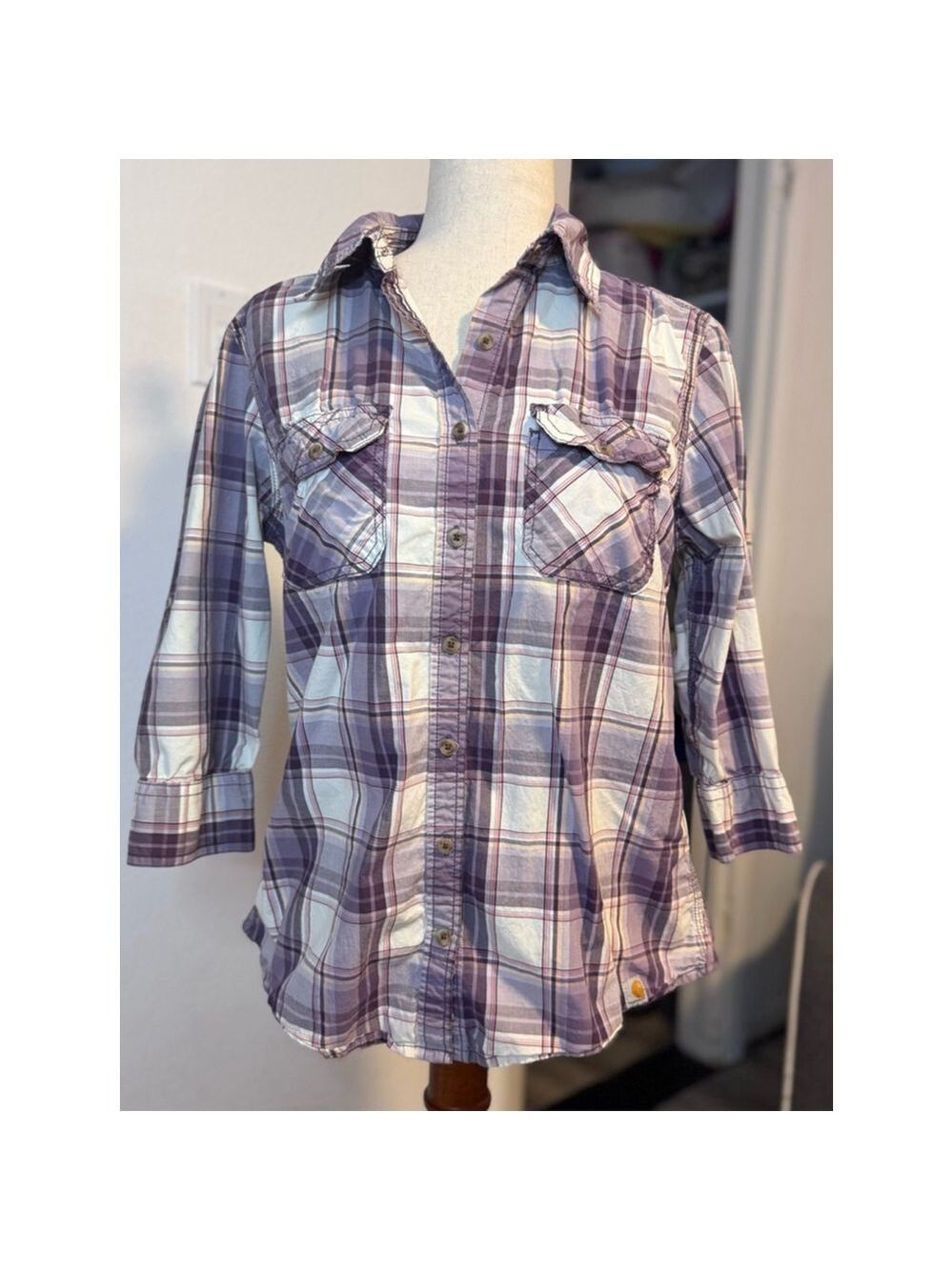 Carhartt purple long sleeve summer what. sz med 8/10 pockets buttons logo cotton